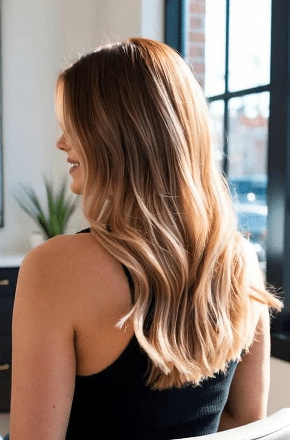 Woman with long, wavy blonde hair seen from behind, wearing a black sleeveless top indoors by a window.