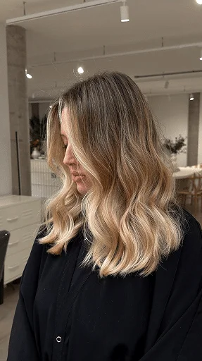 Side-view portrait of a person with shoulder-length, wavy blonde hair wearing a black salon cape in a bright, modern hair studio.