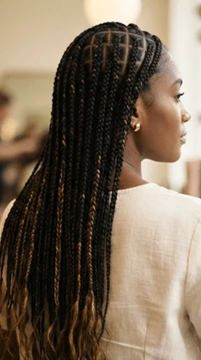 Profile view of a woman with long box braids, wearing a light beige top indoors.