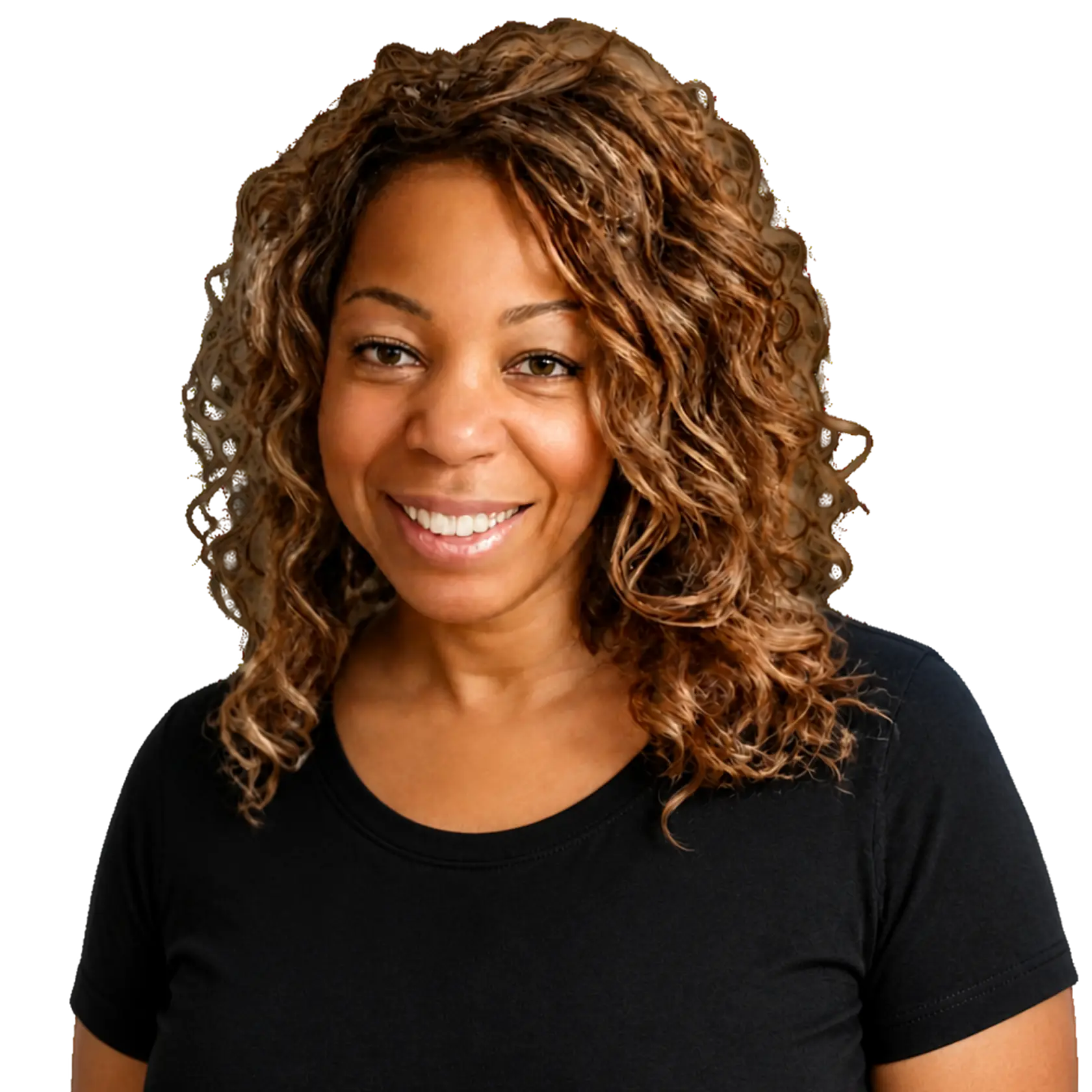 Head-and-shoulders portrait of a smiling woman with curly light brown hair wearing a black top against a black background.